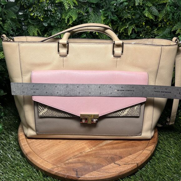 TORY BURCH HANDBAG T Lock E/W Tote Beige Pink Color Block And Clutch‎ Purse - Picture 12 of 16